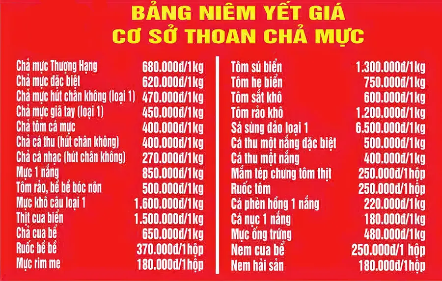 Bảng giá chả mực tại Cơ sở Thoan chả mực